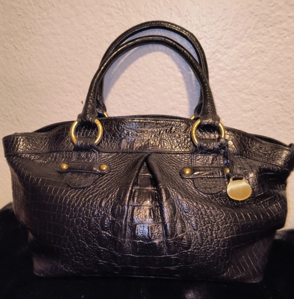 BRAHMIN Elegant Black Crocodile-Embossed Leather Satcgel Handbag